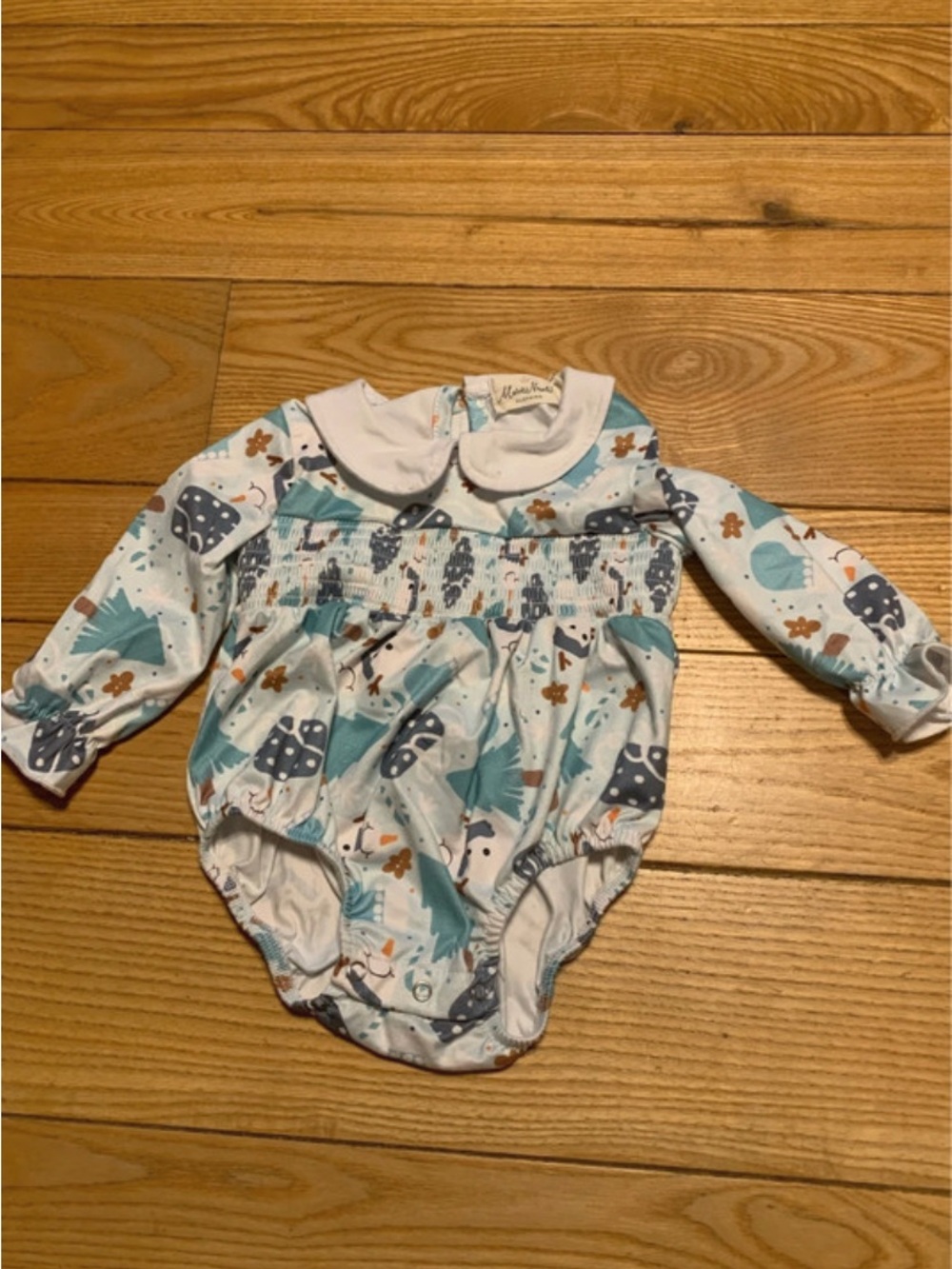 Smocked Woodland Print One-Piece Romper in Light Blue and White